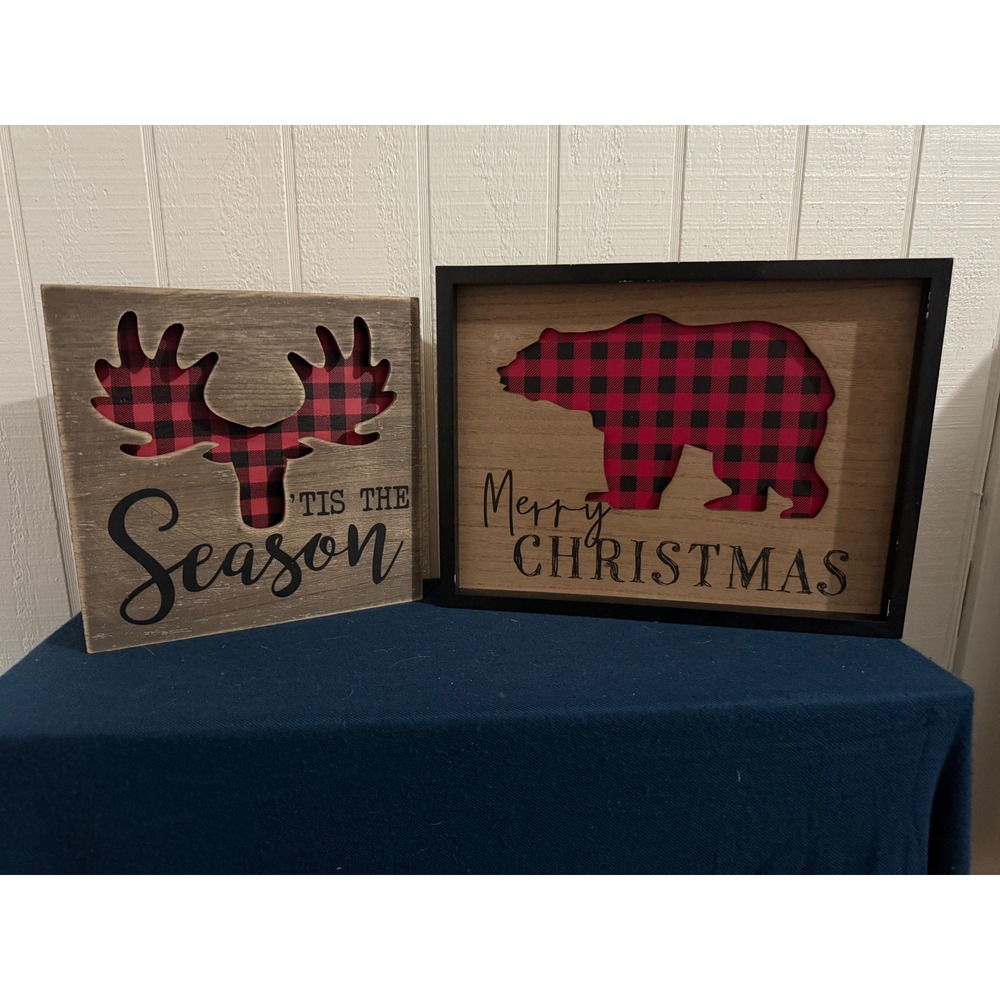 NEW- Hobby Lobby Rustic Christmas Wall Decor Set Buffalo Plaid Bear Moose Signs